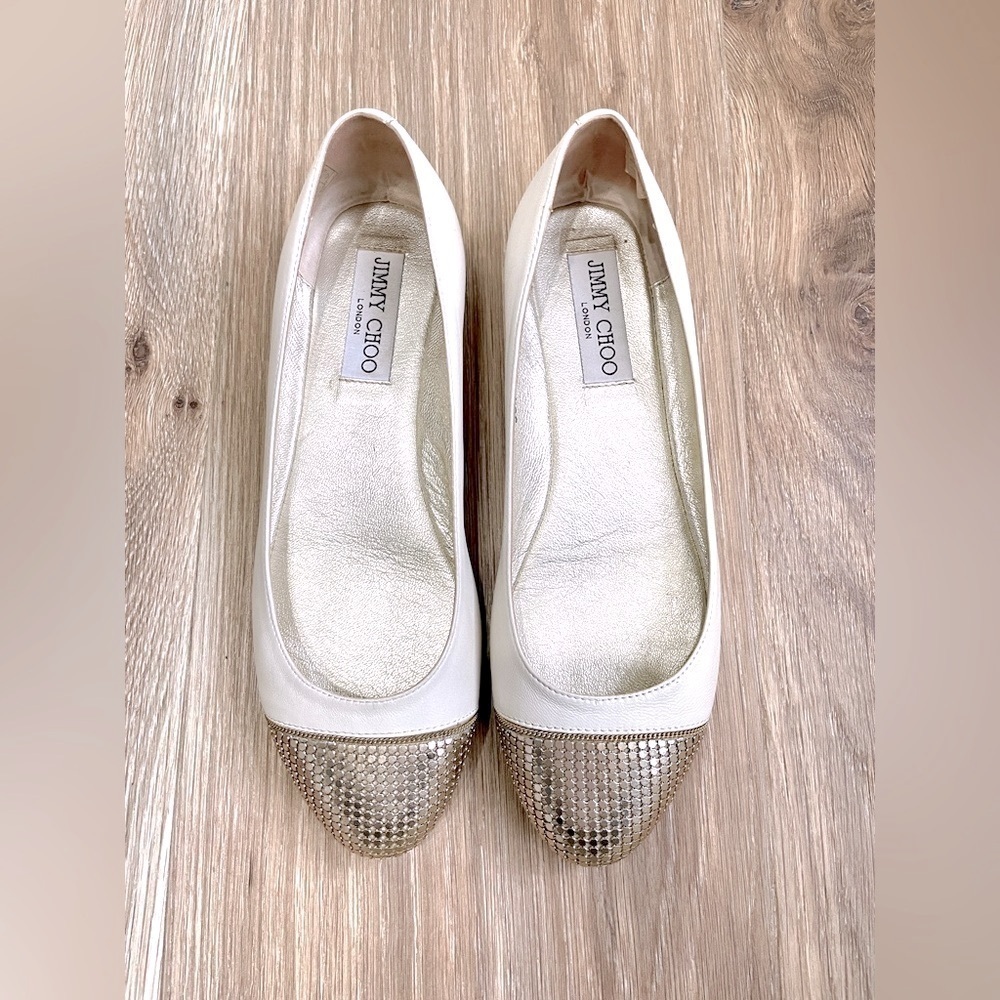 Jimmy Choo Waine Gold Chainmail Flats White Women’s Size 6/36.5